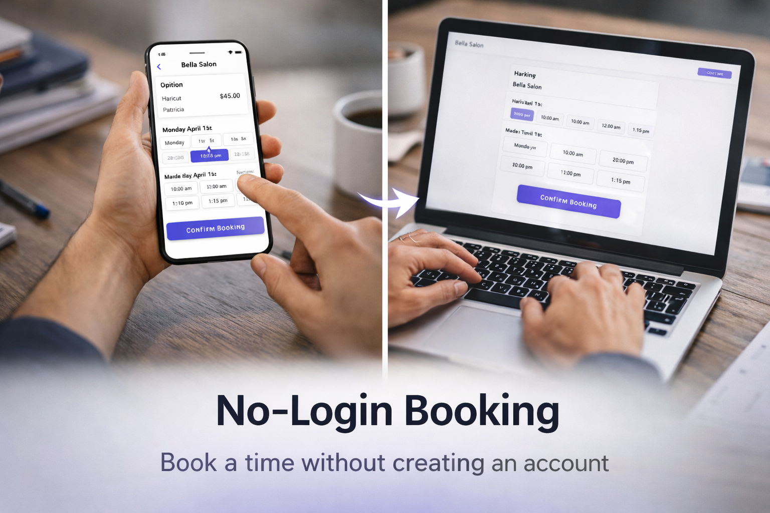 No-login booking on phone and laptop